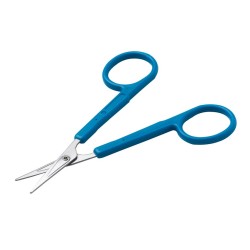 Straight pointed scissors, metal, with plastic handle, 11 cm, individually sterile packed, box of 25