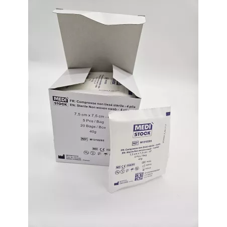 Compresses en non-tissé stériles 7.5 x 7.5cm, sachet de 5
